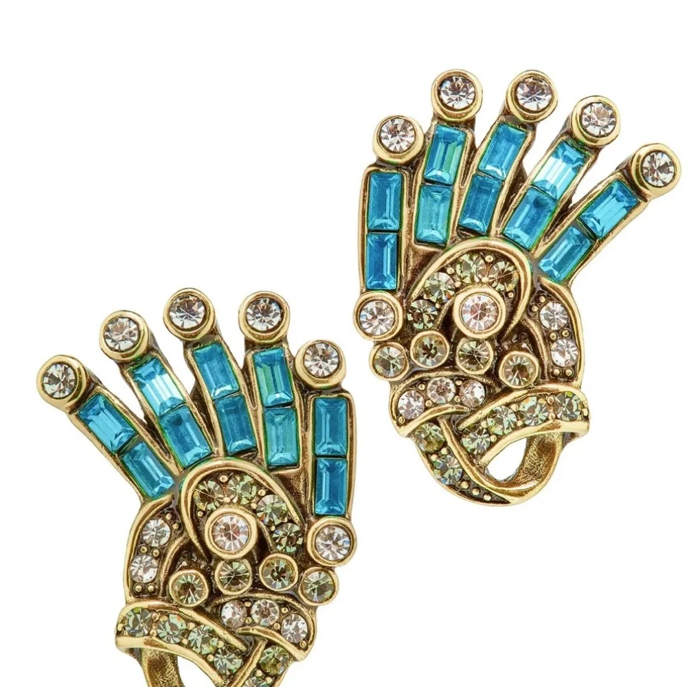 HEIDI DAUS Crystal Hue Persuasion Button Art Deco Earrings Turquoise Omega Backs